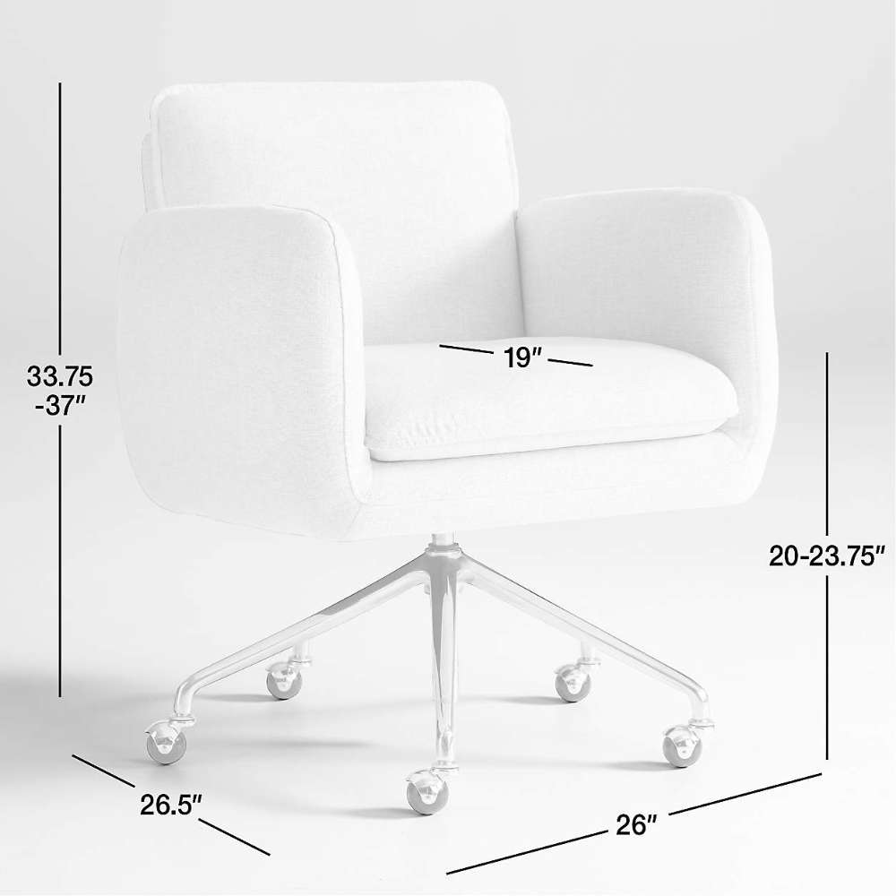 Dimension diagram of Crate & Barrel Jens Plush Ivory Office Chair showing chair height, seat height, width, and depth measurements