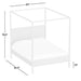 Dimension diagram of Crate & Barrel Keane Solid Wood Queen Canopy Bed showing the overall height, width, length, and under-bed clearance measurements