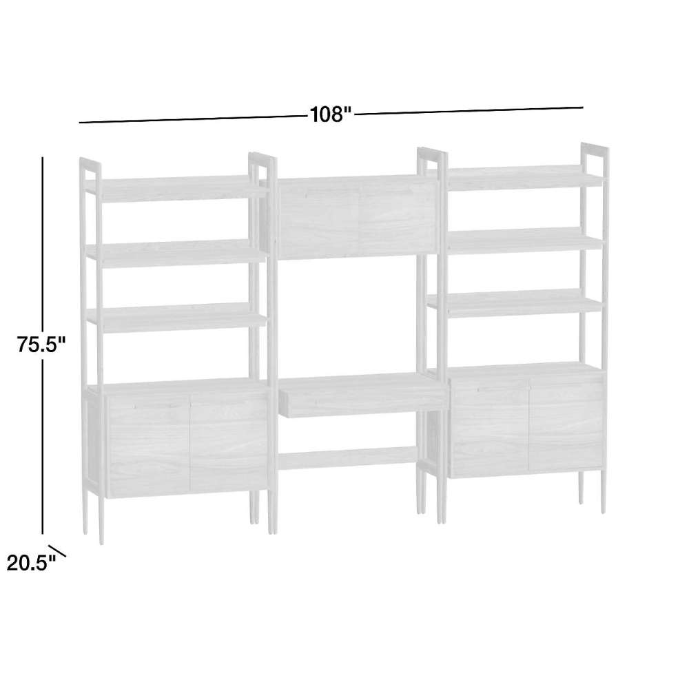 Dimension diagram of Crate & Barrel Tate 108" Walnut Bookcase Desk with Outlet Set, showing a 108-inch width, 20.5-inch depth, and 75.5-inch height