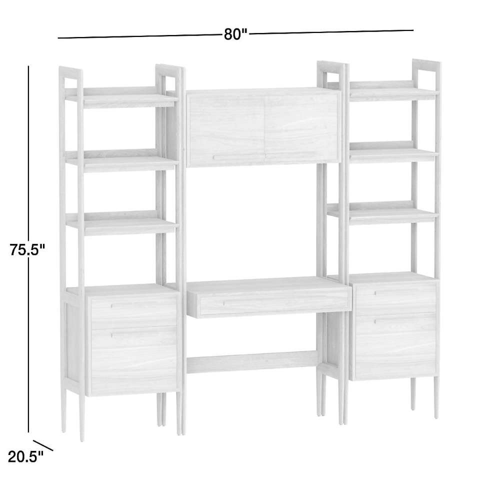 Dimension diagram of Crate & Barrel Tate Walnut Bookcase Desk with Outlet with 2 Bookcase File Cabinets showing an 80-inch width, 20.5-inch depth, and 75.5-inch height