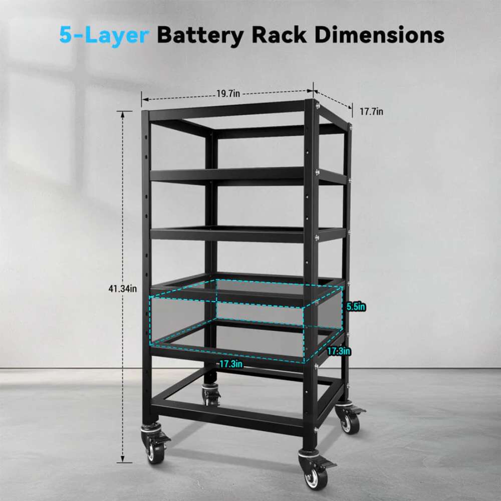 Dimension diagram of the Sun Gold Power 5-Layer Battery Rack with overall size and shelf measurements