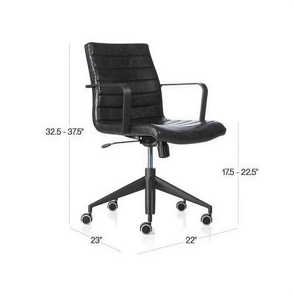 Dimension guide showing the adjustable height and compact size of the Crate & Barrel Graham Black Office Chair