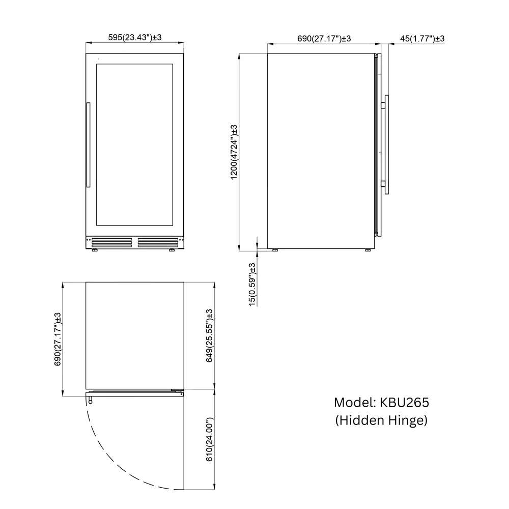 Dimension layout of KingsBottle 47-Inch Height Single Zone Wine Cooler With Low-E Glass Door from multiple angles