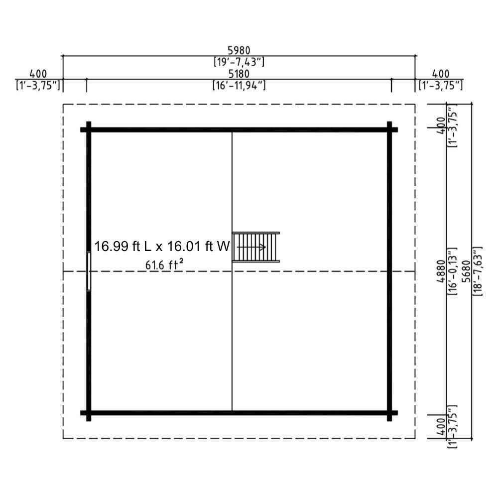 Dimensional drawing of GardenHouse24 USA Melanie 70 Garden Room with the full footprint in feet and inches, highlighting the usable space of 61.6 ft²