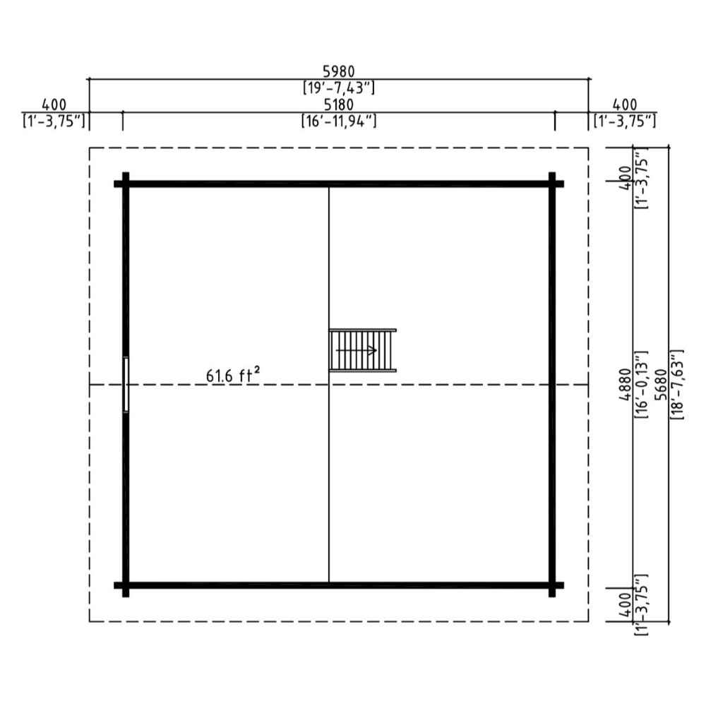 Dimensional drawing of the GardenHouse24 USA Melanie 70 Garden Room outlines the full footprint in feet and inches, highlighting the usable space of 61.6 ft²