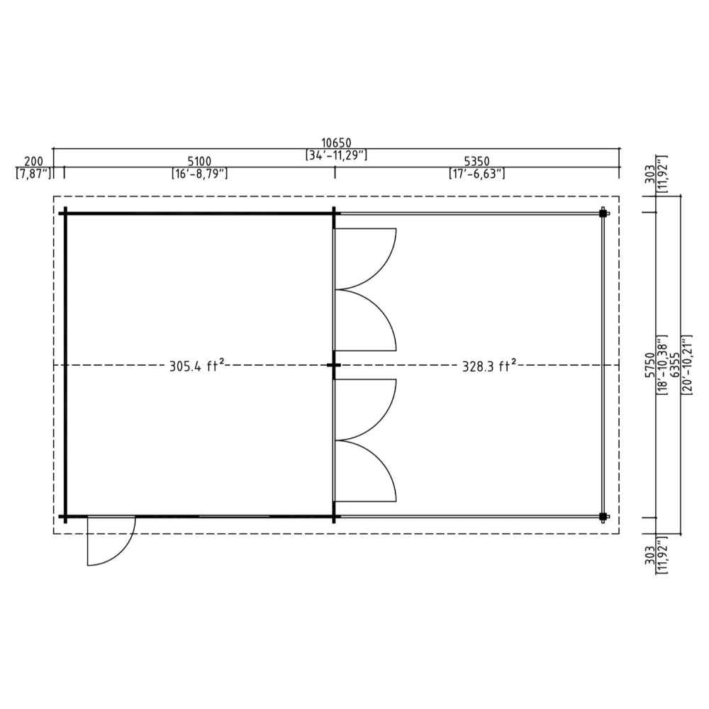 Dimensional floor plan of the GardenHouse24 USA Double Garage and Carport Erki 70 Garden Room presents the layout in square feet and feet-inches