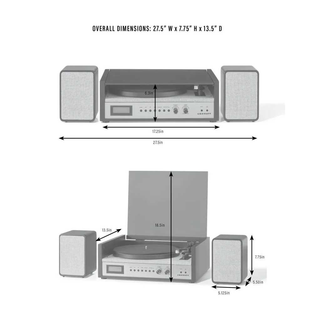 Dimension details for the Crosley Coda Shelf System - Black & Silver display its width, height, and depth along with speaker measurements