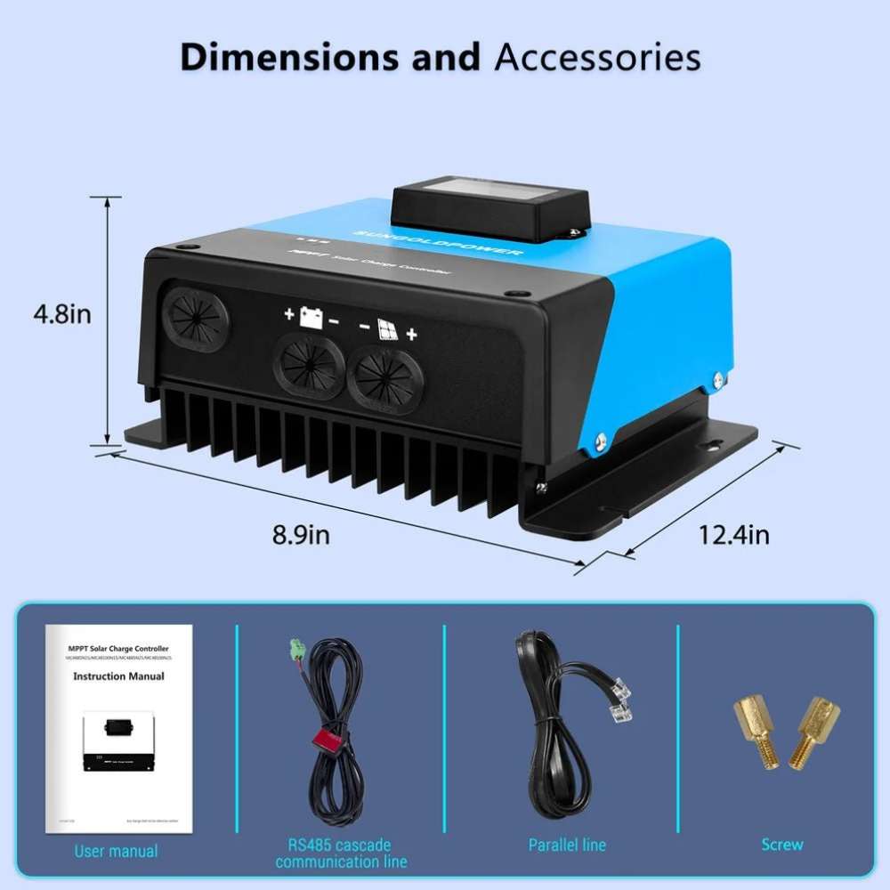 Dimensions and included accessories for Sun Gold Power 100 Amp MPPT Solar Charge Controller