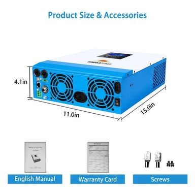Dimensions and included accessories for Sun Gold Power 3000W 24V Solar Inverter Charger [PV120-450V/MPPT120- 400V]