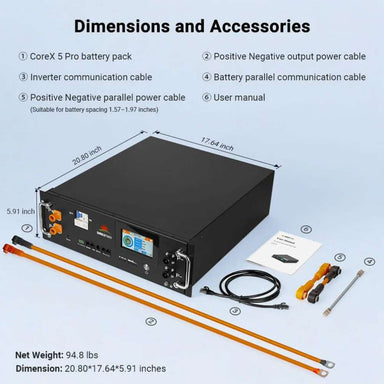 Dimensions and included accessories for Sun Gold Power CoreX 5 Pro Server Rack 48V 100Ah Residential Energy Storage Battery Pack, including cables and user manual