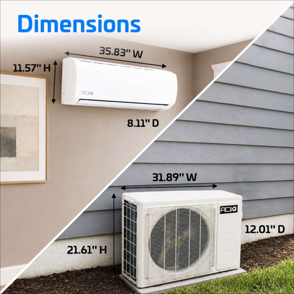 Dimensions graphic for ACiQ 18000 BTU Essentials 17 SEER2 Single Zone Wall Mount Mini Split Heat Pump System shows a 35.83 inch wide wall unit and a 31.89 inch wide condenser outside a gray house