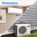 Dimensions graphic for ACiQ 18000 BTU Essentials 17 SEER2 Single Zone Wall Mount Mini Split Heat Pump System shows a 35.83 inch wide wall unit and a 31.89 inch wide condenser outside a gray house