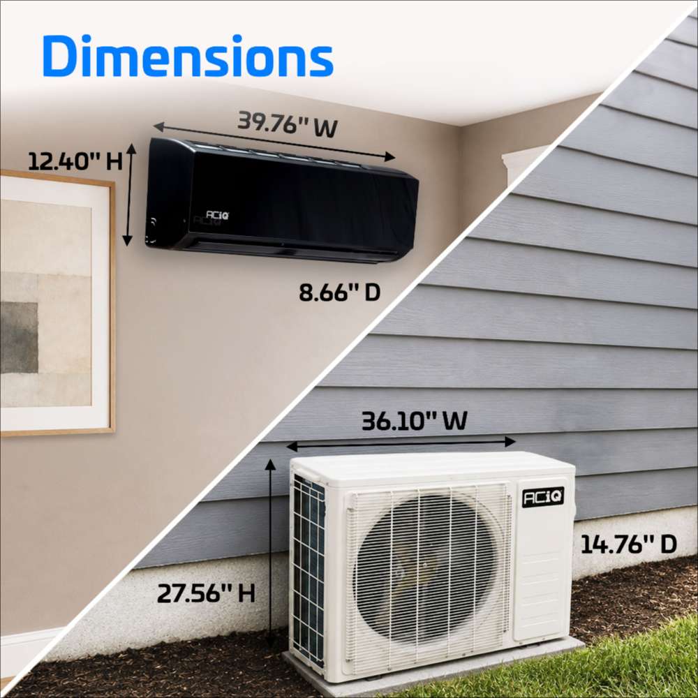 Dimensions of ACiQ 24000 BTU Essentials 20 SEER2 Single Zone Wall Mount Mini Split Heat Pump System: black 39.76 x 12.40 x 8.66 inch wall unit and 36.10 x 27.56 x 14.76 inch condenser