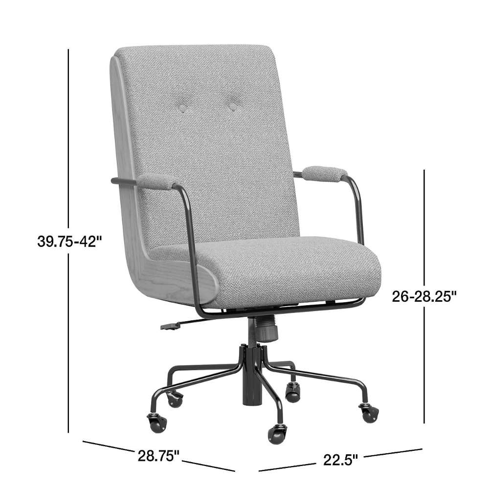 Dimensions of Crate & Barrel Ellison Green Woven High-Back Office Chair showing adjustable height, width, and depth measurements