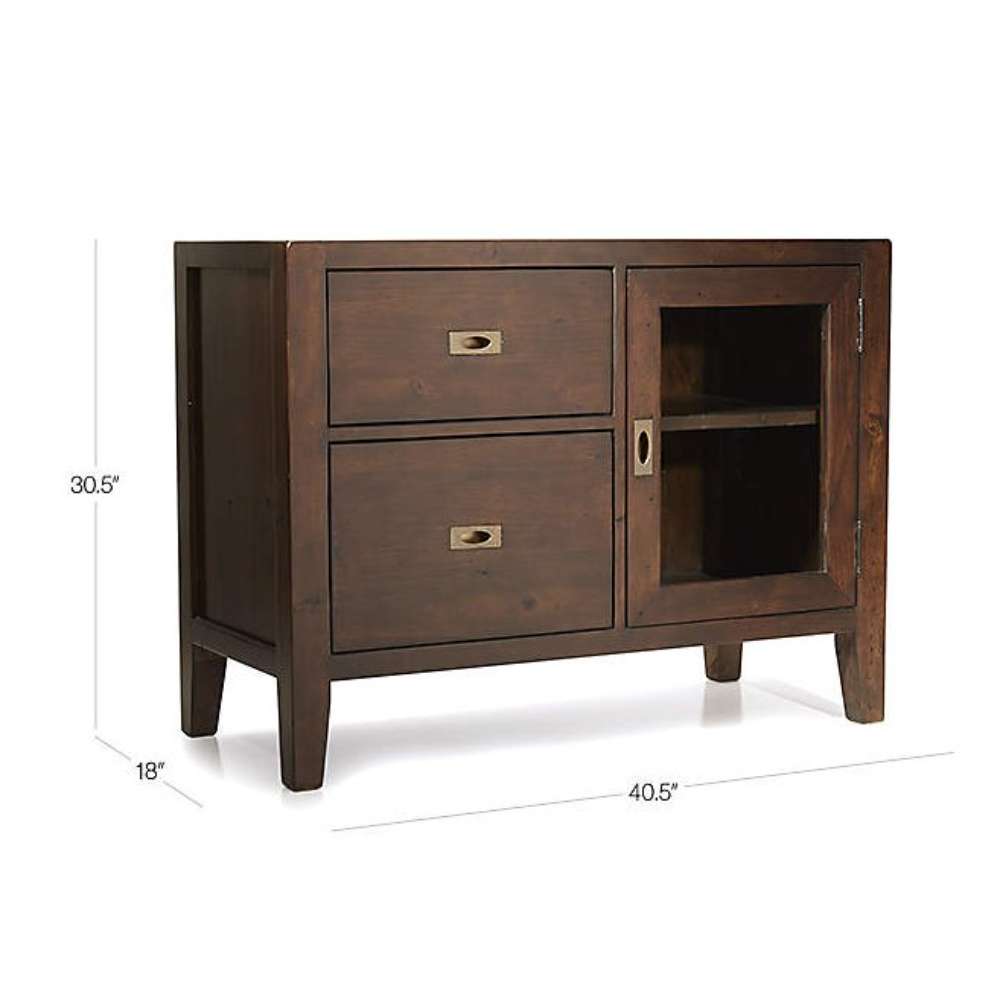 Dimensions of Crate & Barrel Morris Chocolate Brown Credenza, measuring 40.5 inches wide, 30.5 inches high, and 18 inches deep