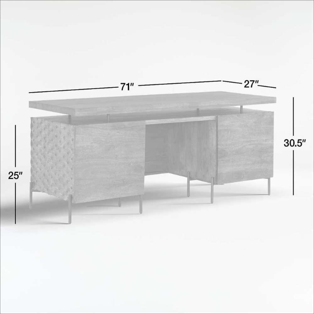 Dimensions of Crate & Barrel Raffael Carved Wood Executive Desk measuring 71 inches wide, 27 inches deep, and 30.5 inches high