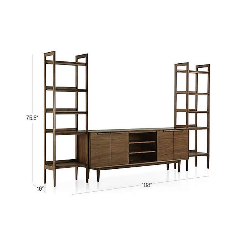 Dimensions of Crate & Barrel Tate 108.5" Walnut Storage Media Console and Bookshelf Set showing its 108-inch width, 75.5-inch height, and 16-inch depth