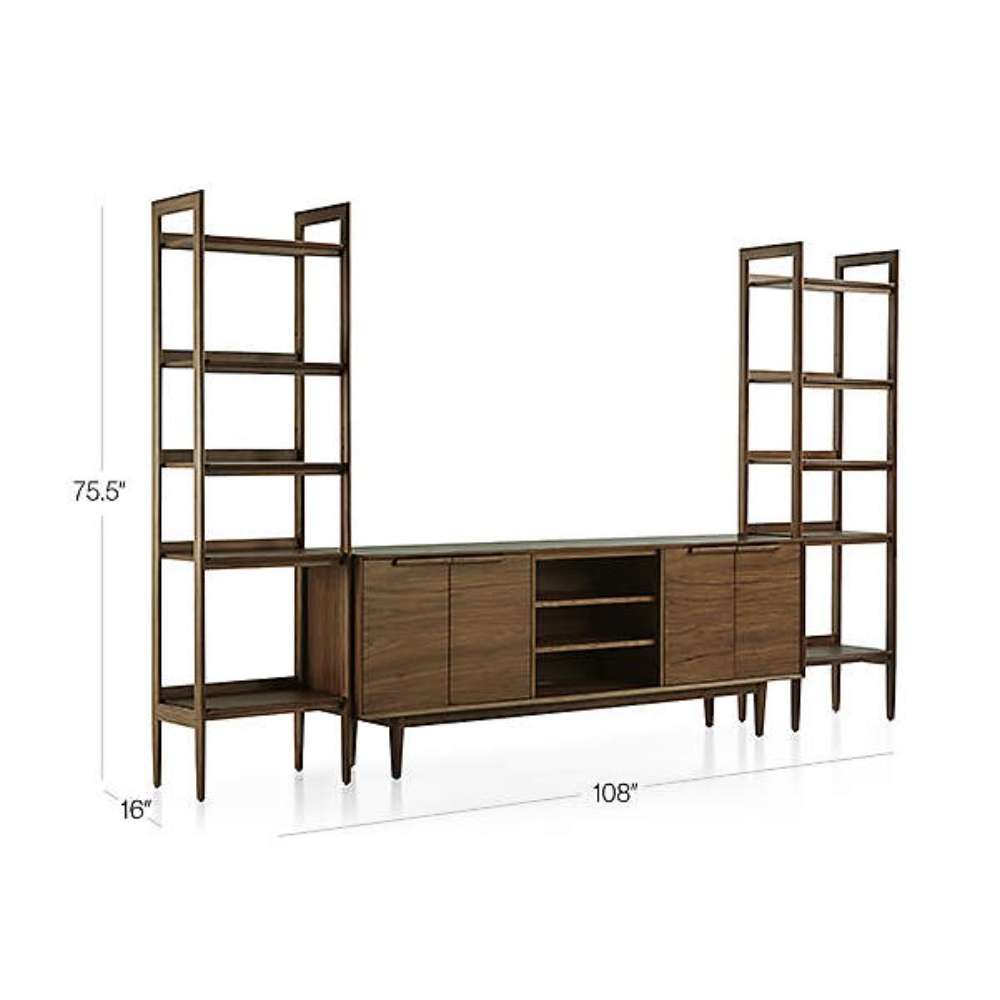 Dimensions of Crate & Barrel Tate 124" Walnut Storage Media Console and Bookshelf Set showing its 108-inch width, 75.5-inch height, and 16-inch depth