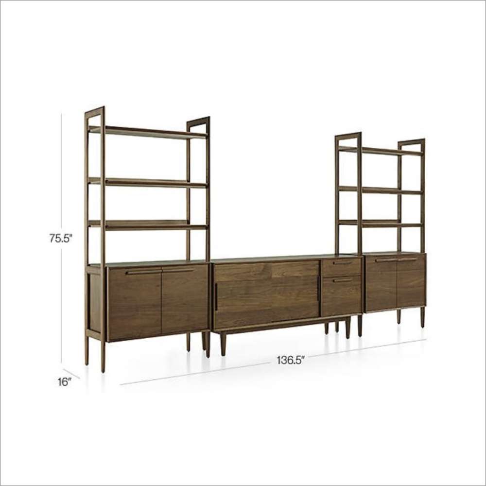 Dimensions of Crate & Barrel Tate 136.5" Walnut Storage Media Console and Bookcase Set showing its 136.5-inch width, 75.5-inch height, and 16-inch depth
