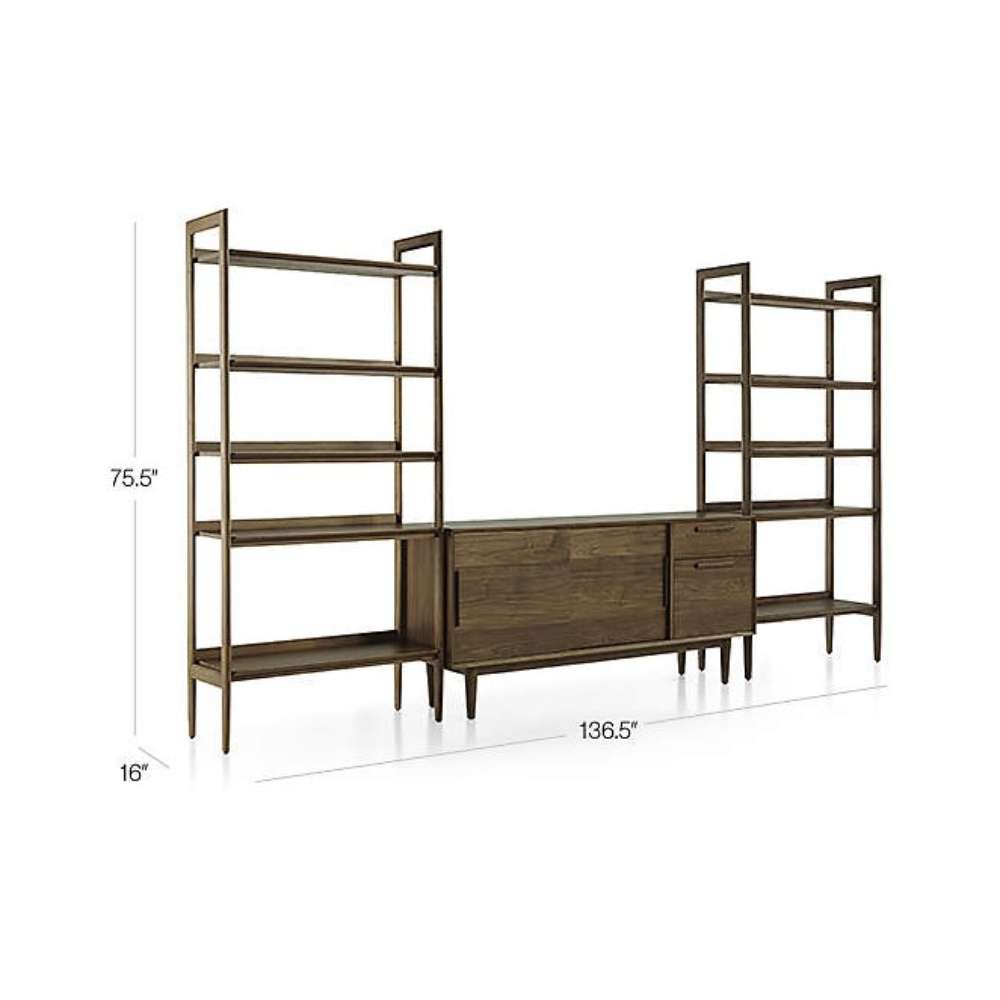 Dimensions of Crate & Barrel Tate 136.5" Walnut Storage Media Console and Bookshelf Set showing its 136.5-inch width, 75.5-inch height, and 16-inch depth
