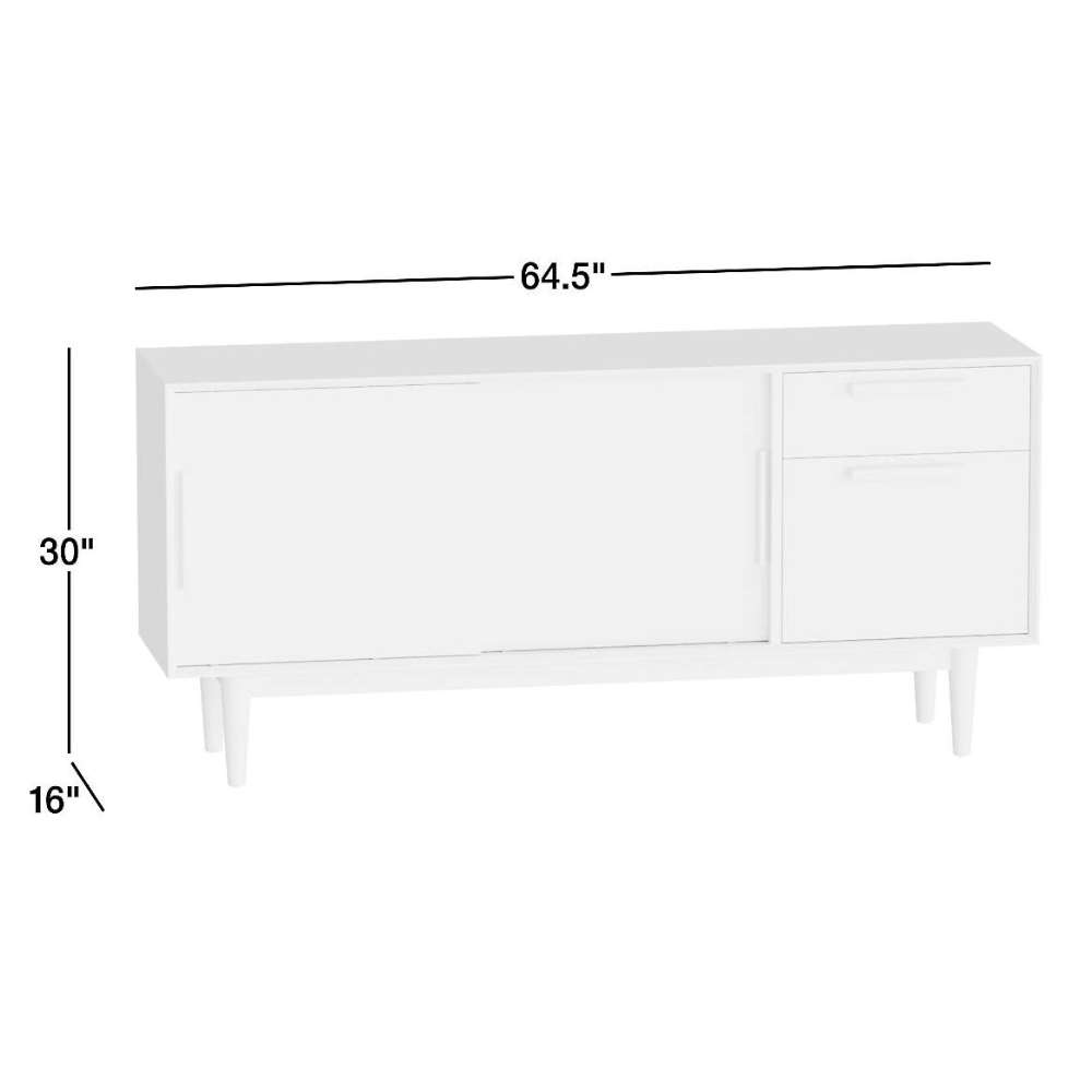 Dimensions of Crate & Barrel Tate 64.5" Walnut Storage Media Console showing its width, height, and depth for easy space planning