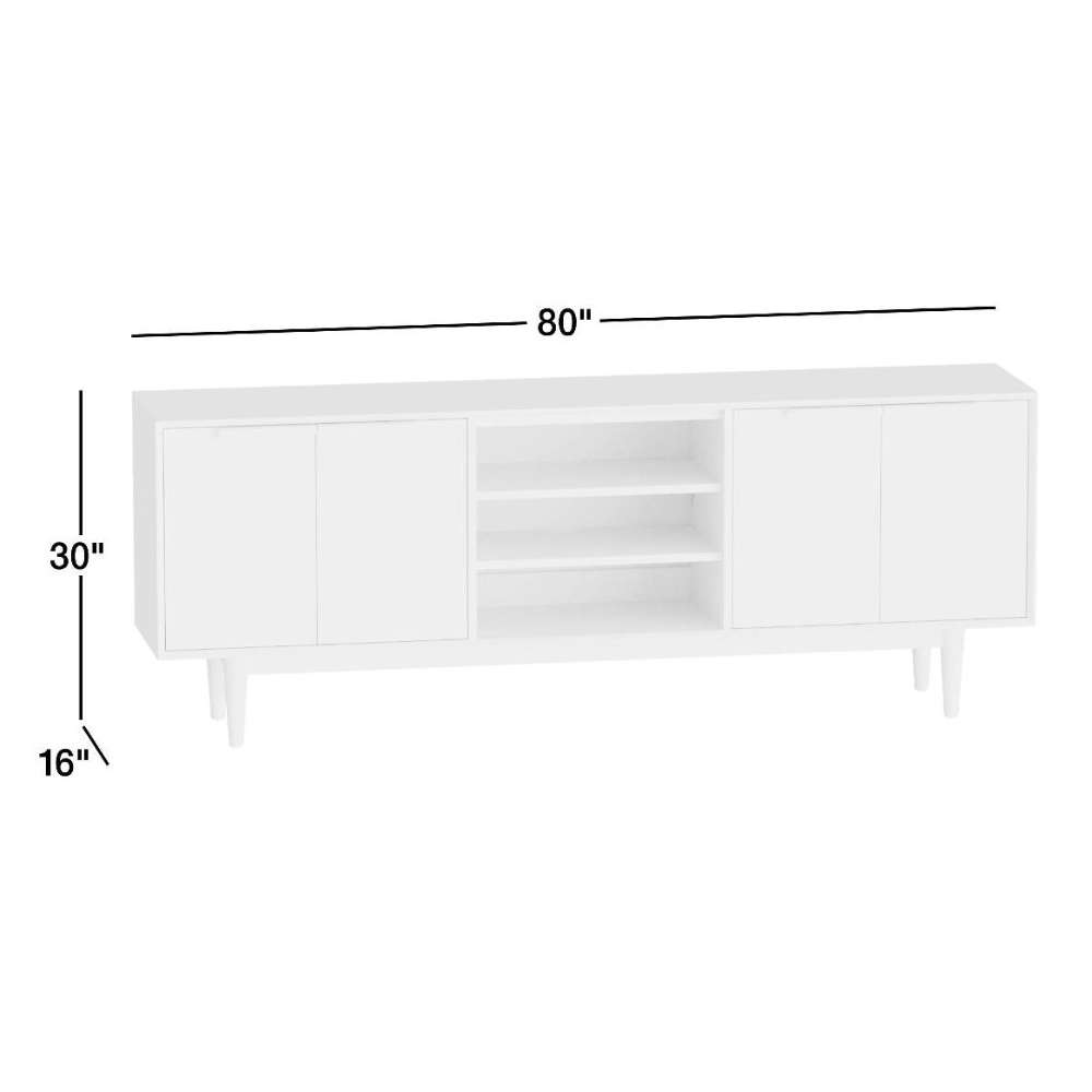 Dimensions of Crate & Barrel Tate 80" Walnut Storage Media Console showing its 80-inch width, 30-inch height, and 16-inch depth