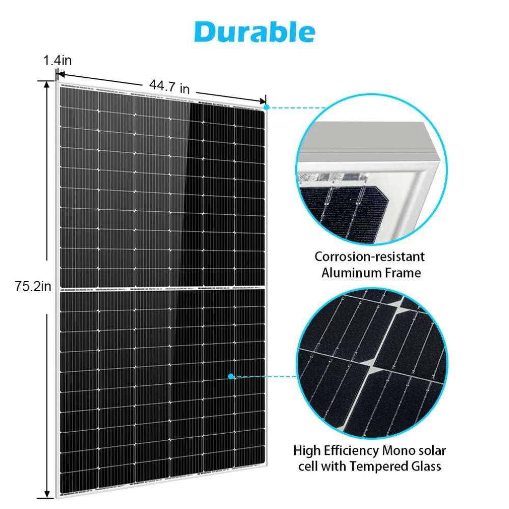 Dimensions, tempered glass, and a corrosion-resistant aluminum frame are featured on Sun Gold Power 450W Mono Black PERC Solar Panel Full Pallet (32 Panels)