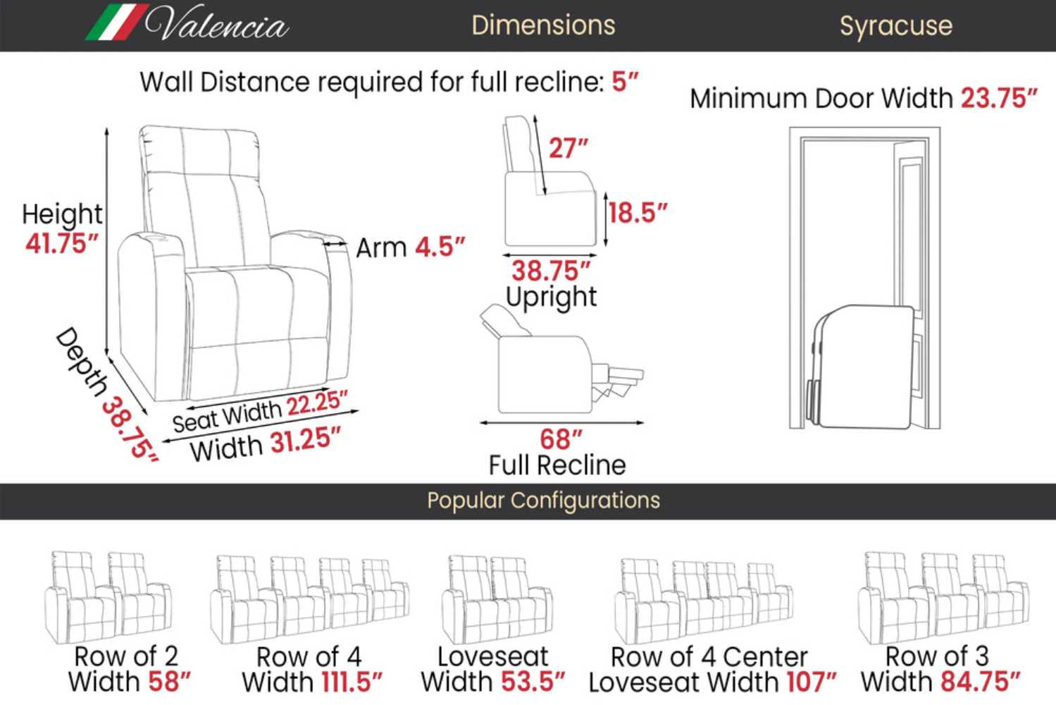 Dimensions for the Valencia Syracuse Single Home Theater Seating include a full recline at 68 inches, a height of 41.75 inches, and popular configurations