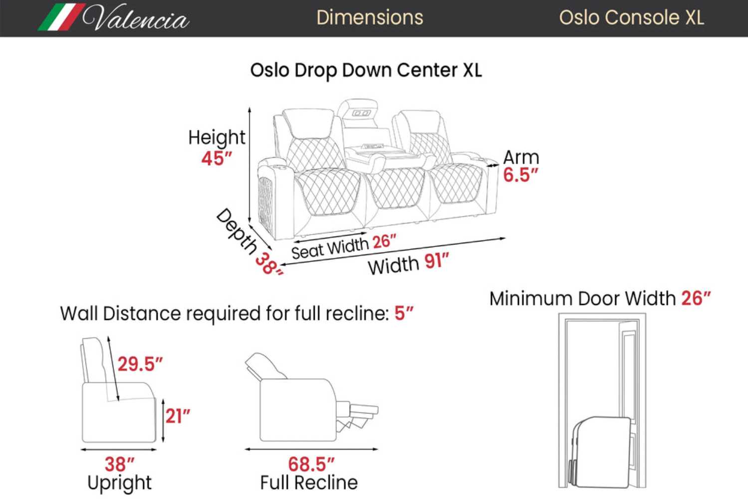 Dimensions of the Valencia Oslo XL Console Edition Home Theater Seating, including height, depth, width, seat width, and recline requirements for setup