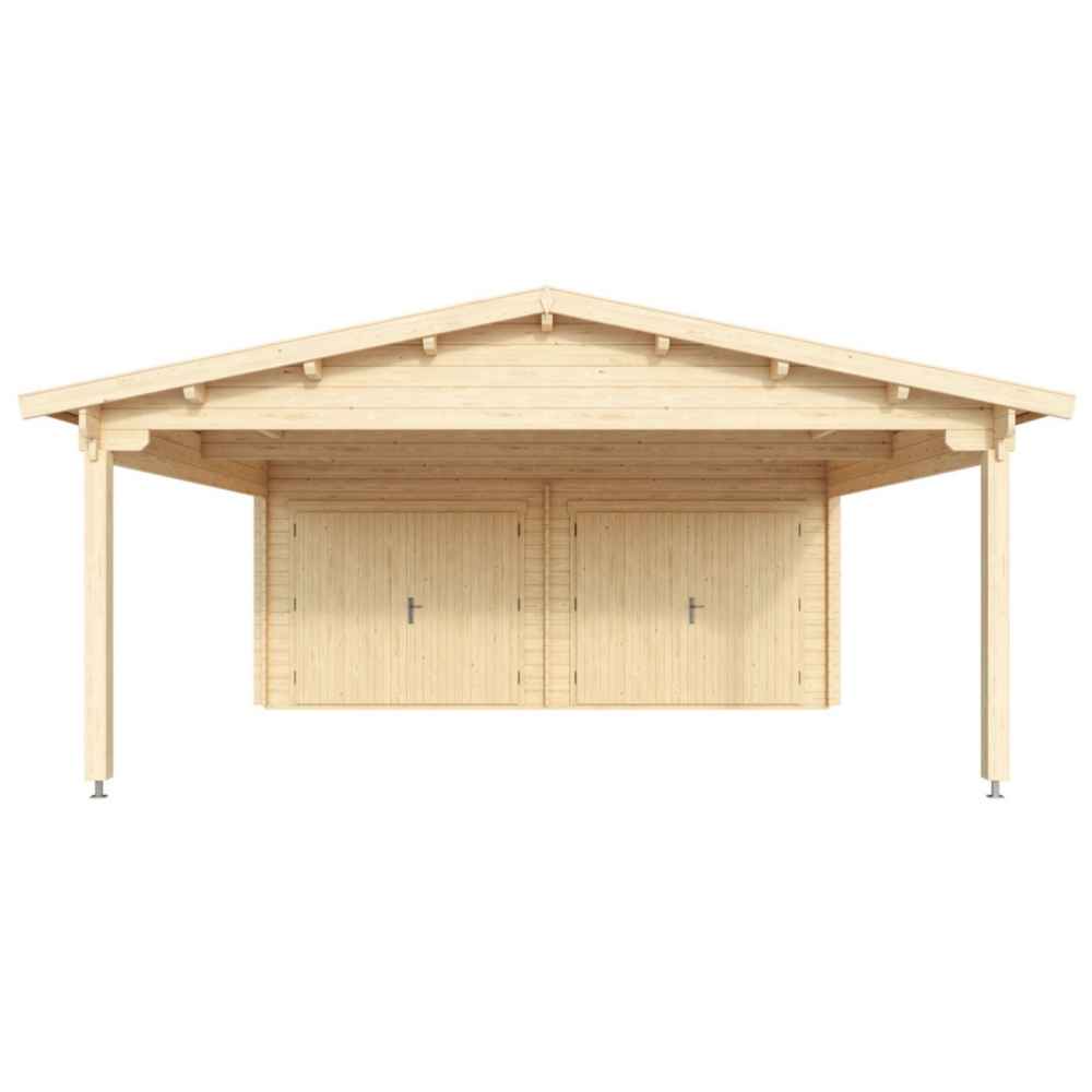 Direct view of the garage side of the GardenHouse24 USA Double Garage and Carport Erki 70 Garden Room features two closed double garage doors under a gabled roof