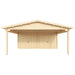 Direct view of the garage side of the GardenHouse24 USA Double Garage and Carport Erki 70 Garden Room features two closed double garage doors under a gabled roof