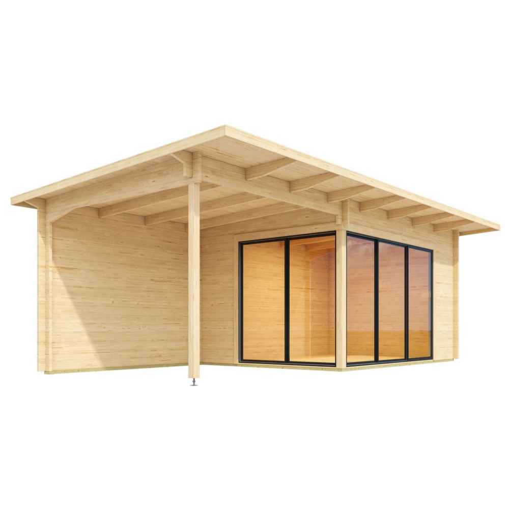 Displayed from a different angle, the GardenHouse24 USA Starla 44C ALU ISO Garden Room features a glass-corner design with exposed wooden beams and spacious entry