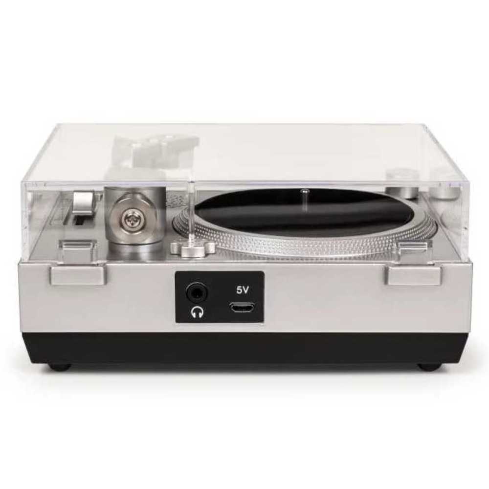 Displayed from the rear, the Crosley RSD3 Mini Turntable for 3 Inch Vinyl Records w Sun Records Set of 4 highlights the headphone jack and power input ports