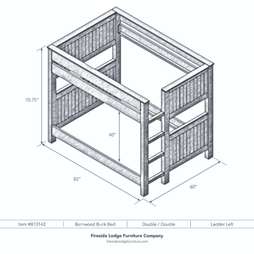 Double Double Left – Fireside Lodge Barnwood Bunk Bed shown as a black-and-white diagram of a double-over-double bunk bed with the ladder on the left and labeled dimensions