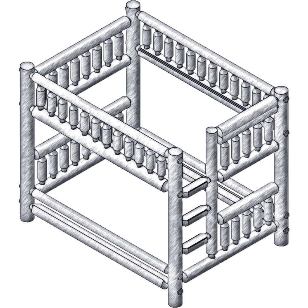 Double Double Left – Fireside Lodge Cedar Log Bunk Bed shows a black-and-white drawing of a double-over-double log bunk bed with the ladder on the left side