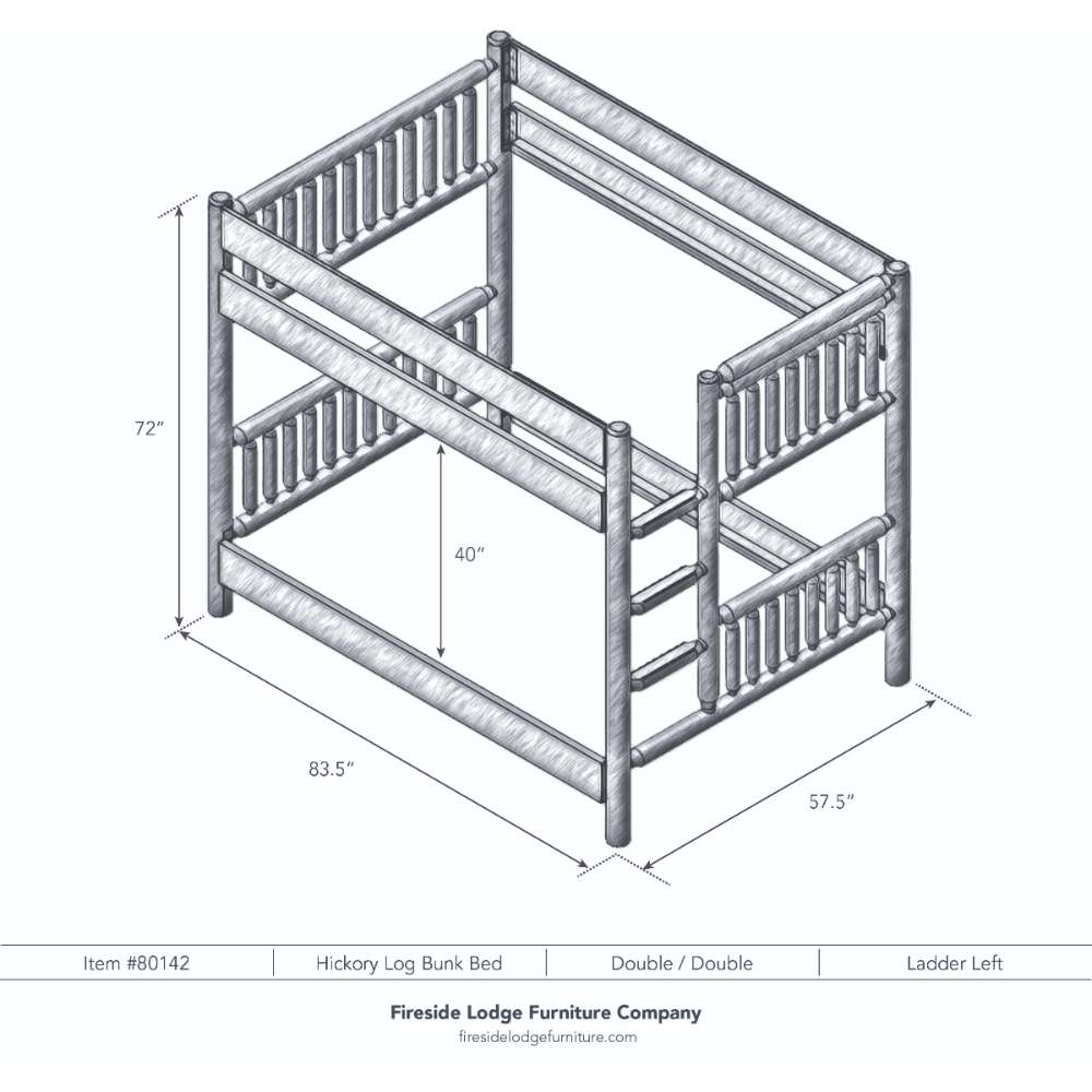 Double Double Left – Fireside Lodge Hickory Log Bunk Bed shown as a black-and-white diagram of a double-over-double bunk bed with a left-side ladder and labeled dimensions