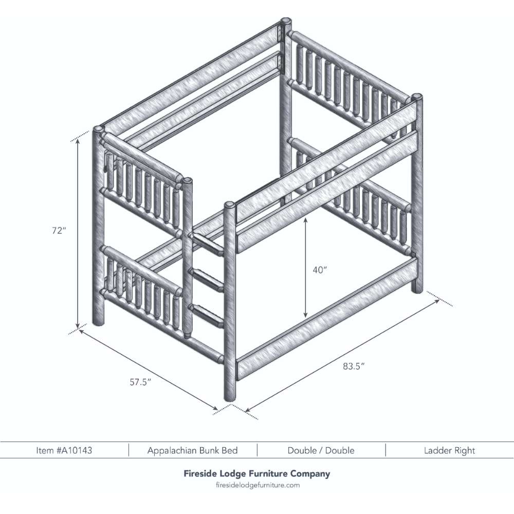 Double Double Right – Fireside Lodge Appalachian Bunk Bed is a technical illustration of a double-over-double bunk bed with a right-side ladder and visible overall dimensions