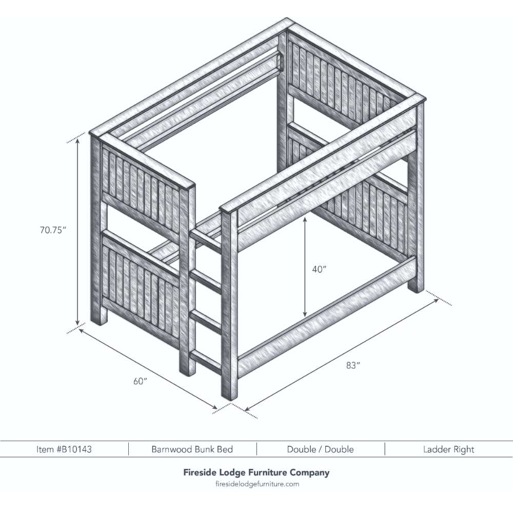Double Double Right – Fireside Lodge Barnwood Bunk Bed shown as a black-and-white diagram of a double-over-double bunk bed with the ladder on the right and full measurements