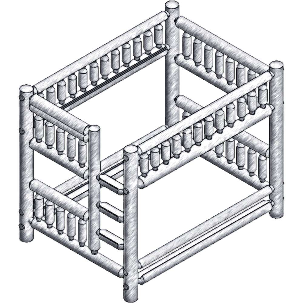 Double Double Right – Fireside Lodge Cedar Log Bunk Bed shows a black-and-white drawing of a double-over-double log bunk bed with the ladder on the right side