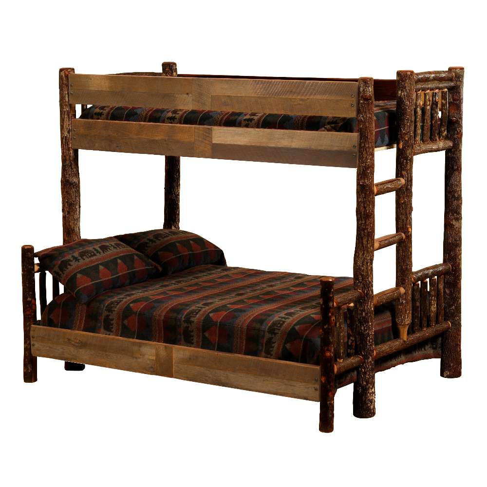 Double Single Left – Fireside Lodge Appalachian Bunk Bed is a realistic photo showing a rustic log-style double-over-single bunk bed with a right-side ladder and patterned bedding