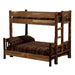 Double Single Left – Fireside Lodge Appalachian Bunk Bed is a realistic photo showing a rustic log-style double-over-single bunk bed with a right-side ladder and patterned bedding