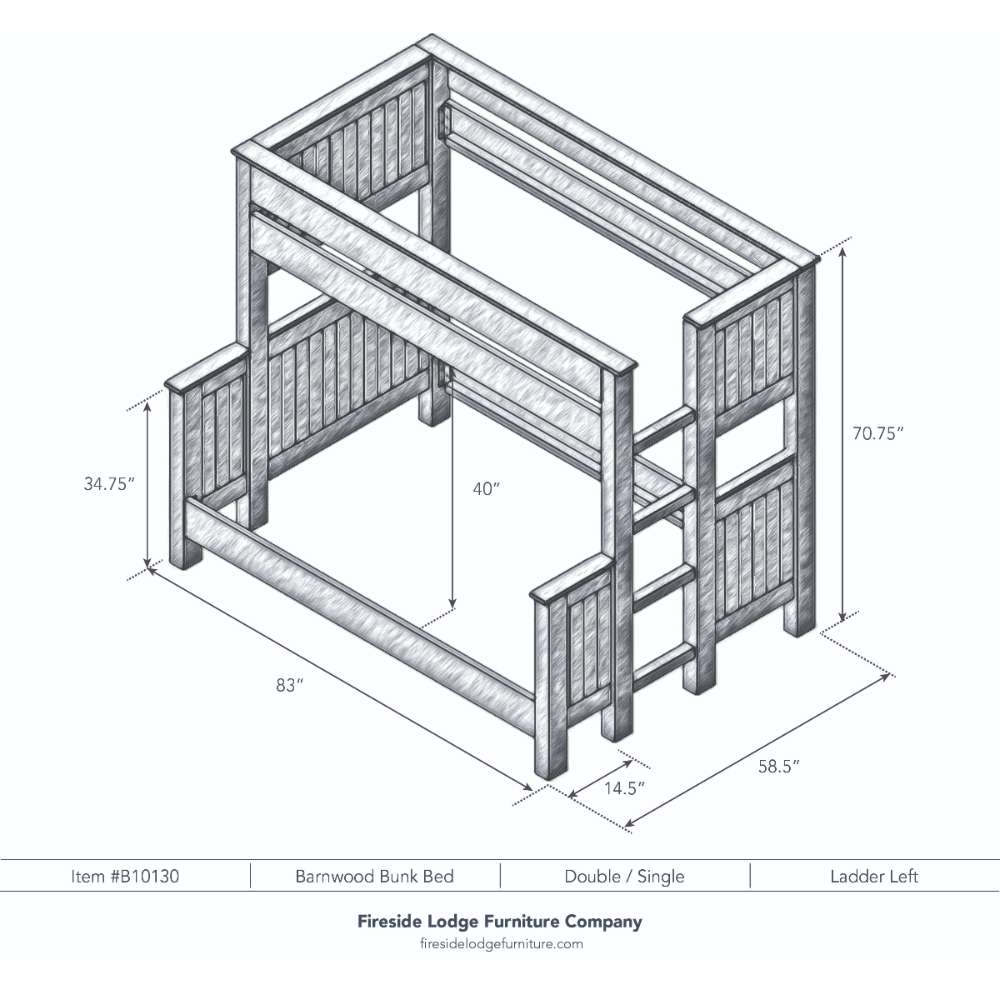 Double Single Left – Fireside Lodge Barnwood Bunk Bed shown as a black-and-white diagram of a double bed on the bottom, single bed on top, with the ladder on the left