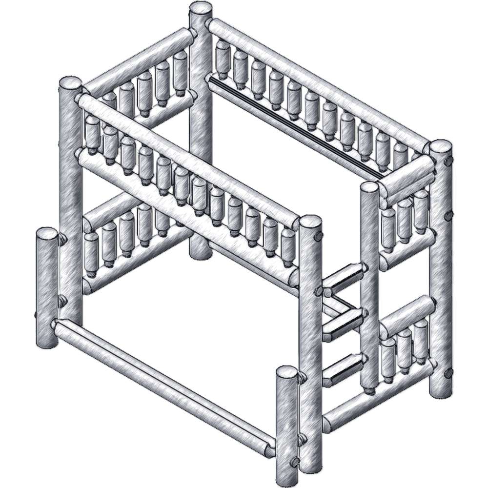 Double Single Left – Fireside Lodge Cedar Log Bunk Bed shows a black-and-white drawing of a double bottom bunk with a single top bunk and a left-side ladder