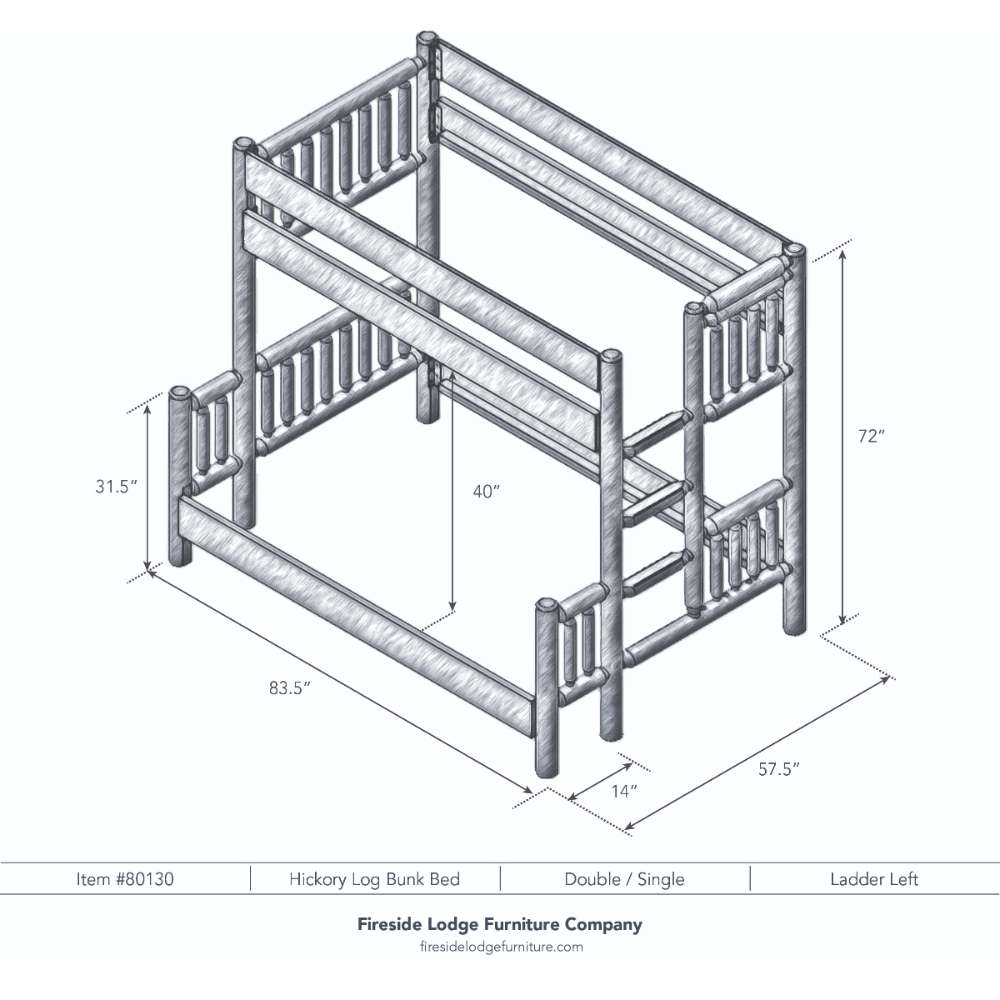 Double Single Left – Fireside Lodge Hickory Log Bunk Bed shown as a black-and-white diagram of a double-over-single bunk bed with a left-side ladder and labeled dimensions