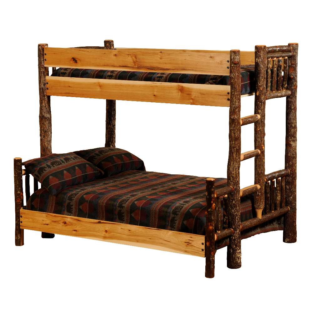 Double Single Left – Fireside Lodge Hickory Log Bunk Bed shown as a real-life photo of a rustic double-over-double log bunk bed with a right-side ladder and patterned bedding