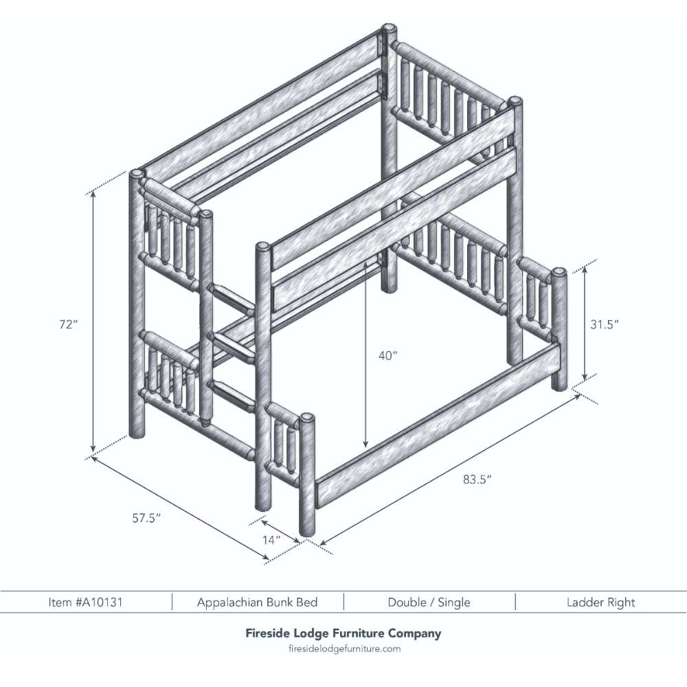 Double Single Right – Fireside Lodge Appalachian Bunk Bed is a line drawing of a double-over-single bunk bed with the ladder on the right and clearly marked measurements