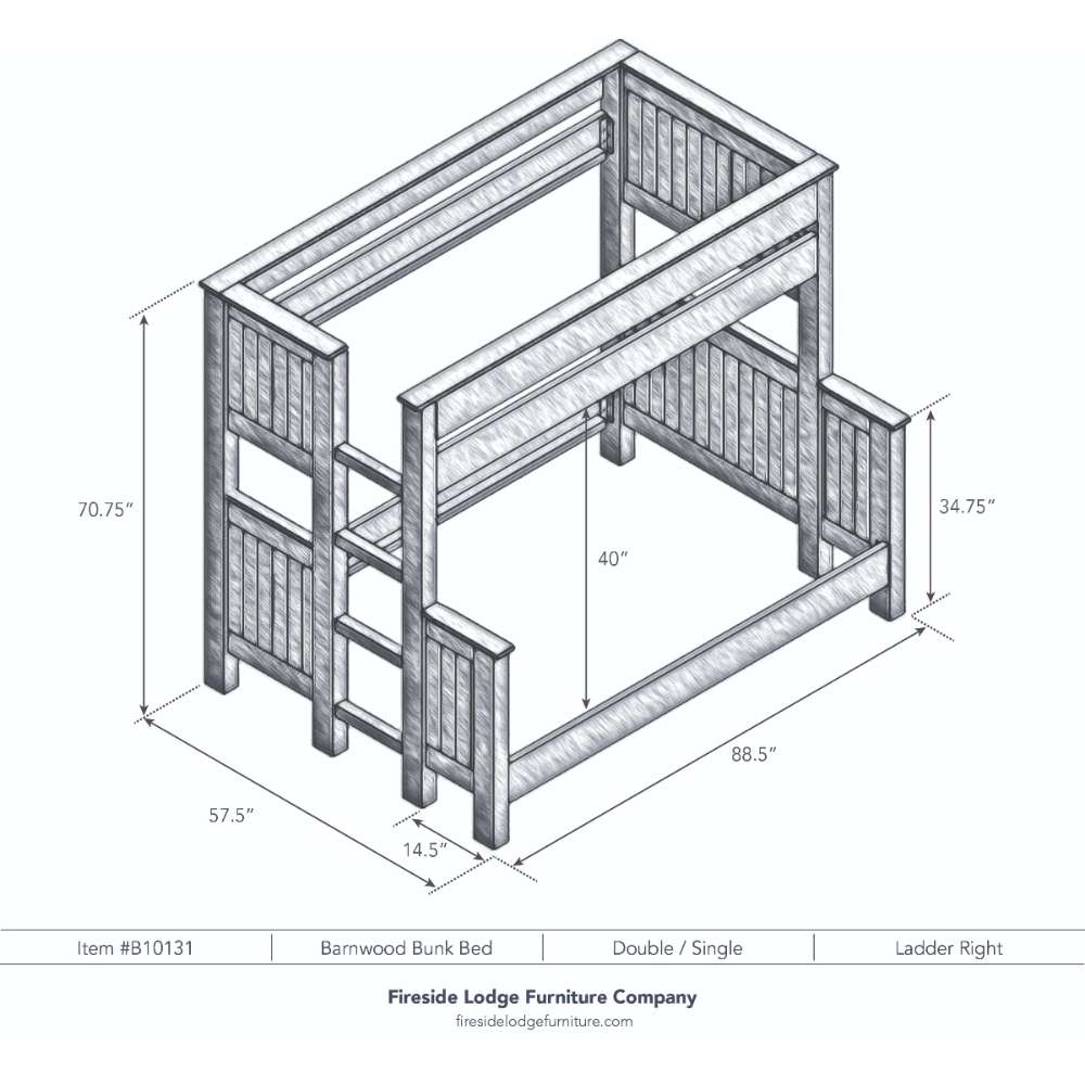 Double Single Right – Fireside Lodge Barnwood Bunk Bed shown as a black-and-white diagram of a double-over-single bunk bed with the ladder on the right and detailed dimensions
