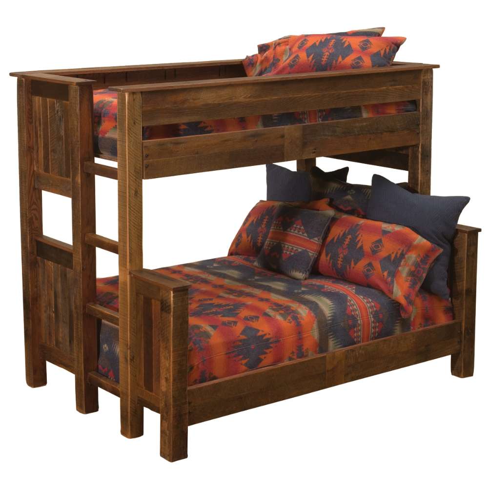 Double Single Right – Fireside Lodge Barnwood Bunk Bed shown as a color photo of a barnwood bunk bed with a double bottom bed, single top bed, and right-side ladder
