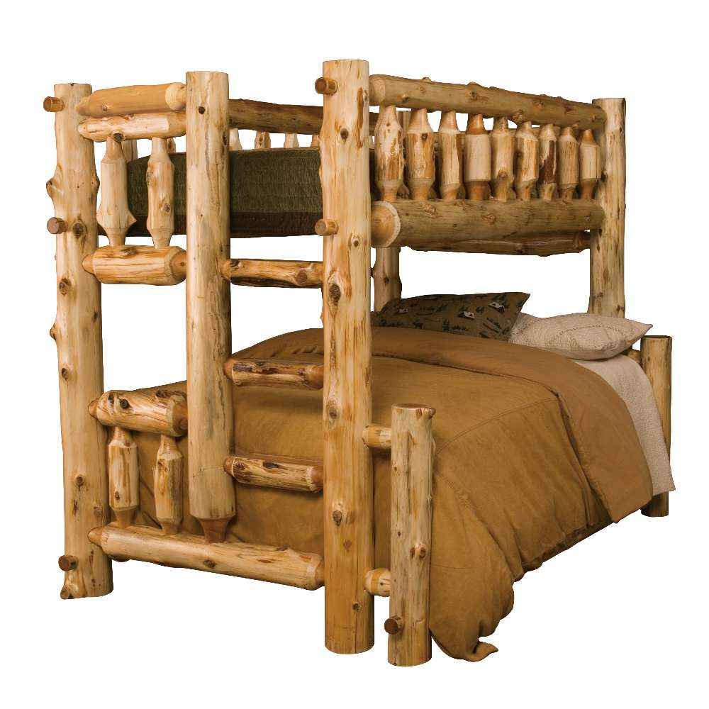 Double Single Right – Fireside Lodge Cedar Log Bunk Bed shows a color photo of a handcrafted cedar log bunk bed with a right-side ladder and rounded log rails