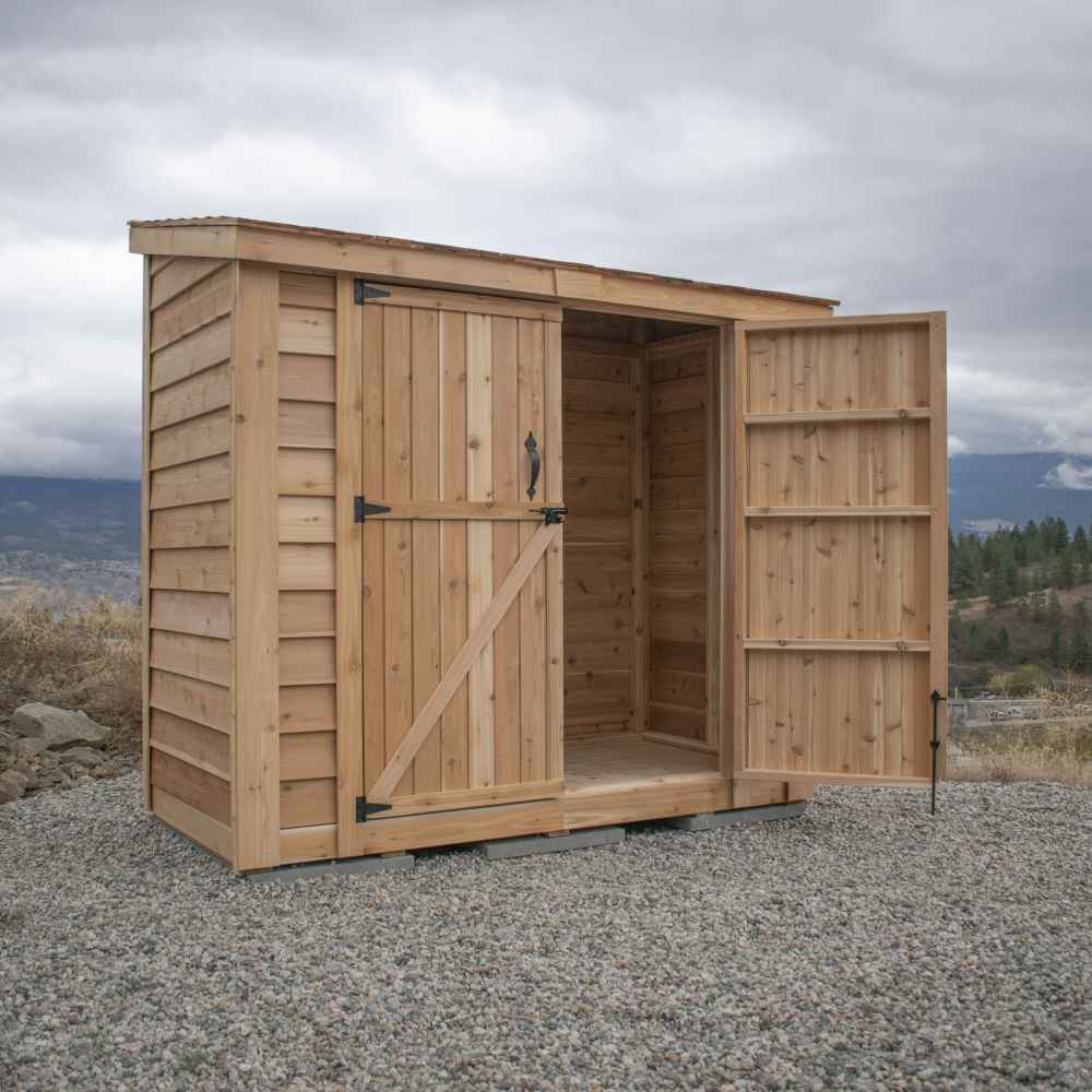 Double Door Cedar Roof Outdoor Living Today 8×4 SpaceSaver Lean-To Cedar Shed is displayed with one sliding door open